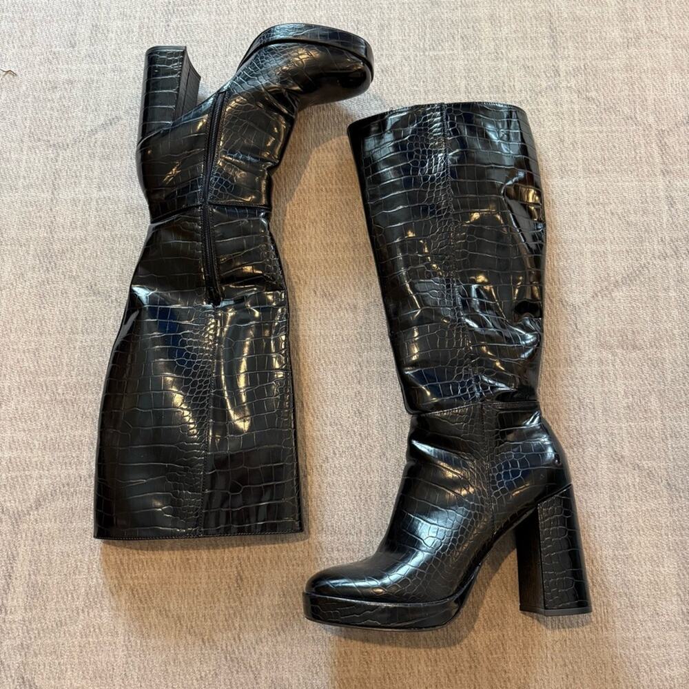 River Island Y2K Black Croc Platform Knee High Boots 10